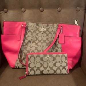 Hot Pink and Tan Coach Purse and Wallet
